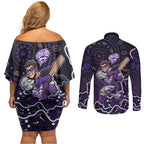 Hobart Hurricanes Cricket Mascot Couples Matching Off Shoulder Short Dress and Long Sleeve Button Shirt Aboriginal Dot Art Purple And Black Tribal Pattern