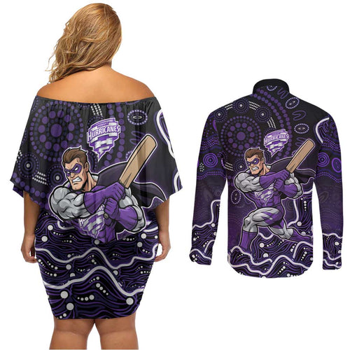 Hobart Hurricanes Cricket Mascot Couples Matching Off Shoulder Short Dress and Long Sleeve Button Shirt Aboriginal Dot Art Purple And Black Tribal Pattern