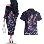 Hobart Hurricanes Cricket Mascot Couples Matching Off The Shoulder Long Sleeve Dress and Hawaiian Shirt Aboriginal Dot Art Purple And Black Tribal Pattern