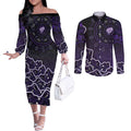 Hobart Hurricanes Cricket Mascot Couples Matching Off The Shoulder Long Sleeve Dress and Long Sleeve Button Shirt Aboriginal Dot Art Purple And Black Tribal Pattern