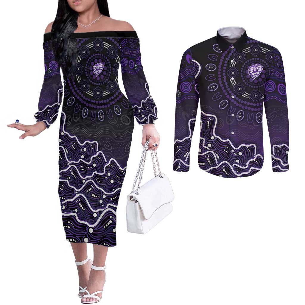 Hobart Hurricanes Cricket Mascot Couples Matching Off The Shoulder Long Sleeve Dress and Long Sleeve Button Shirt Aboriginal Dot Art Purple And Black Tribal Pattern