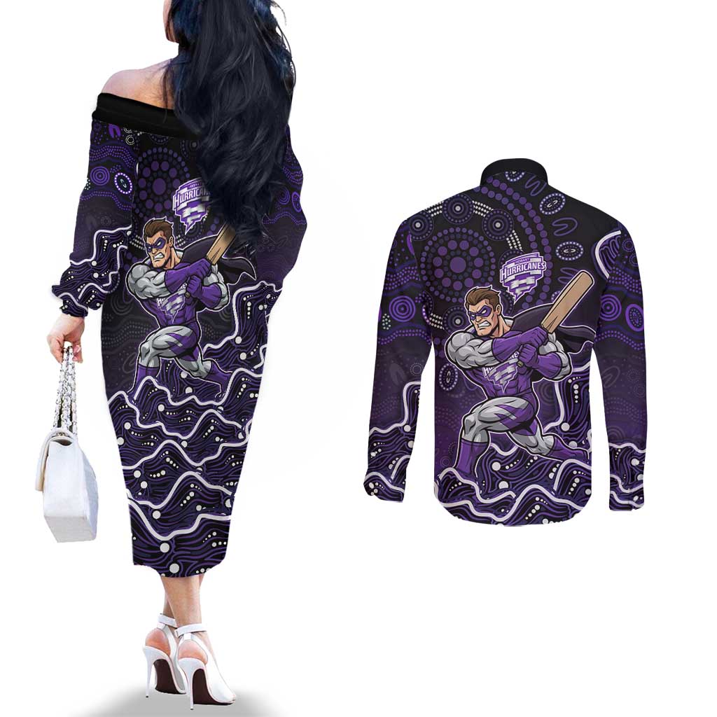 Hobart Hurricanes Cricket Mascot Couples Matching Off The Shoulder Long Sleeve Dress and Long Sleeve Button Shirt Aboriginal Dot Art Purple And Black Tribal Pattern