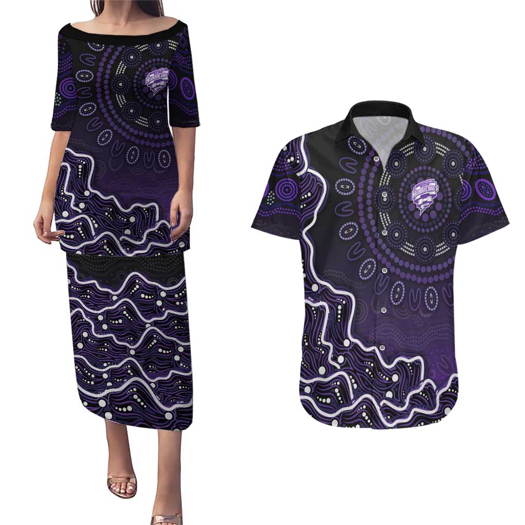Hobart Hurricanes Cricket Mascot Couples Matching Puletasi and Hawaiian Shirt Aboriginal Dot Art Purple And Black Tribal Pattern