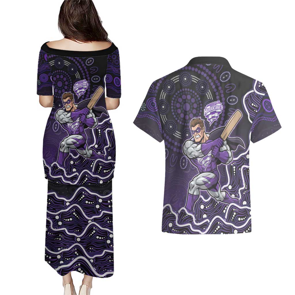 Hobart Hurricanes Cricket Mascot Couples Matching Puletasi and Hawaiian Shirt Aboriginal Dot Art Purple And Black Tribal Pattern