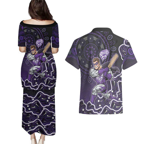 Hobart Hurricanes Cricket Mascot Couples Matching Puletasi and Hawaiian Shirt Aboriginal Dot Art Purple And Black Tribal Pattern