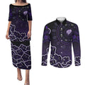 Hobart Hurricanes Cricket Mascot Couples Matching Puletasi and Long Sleeve Button Shirt Aboriginal Dot Art Purple And Black Tribal Pattern