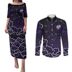 Hobart Hurricanes Cricket Mascot Couples Matching Puletasi and Long Sleeve Button Shirt Aboriginal Dot Art Purple And Black Tribal Pattern