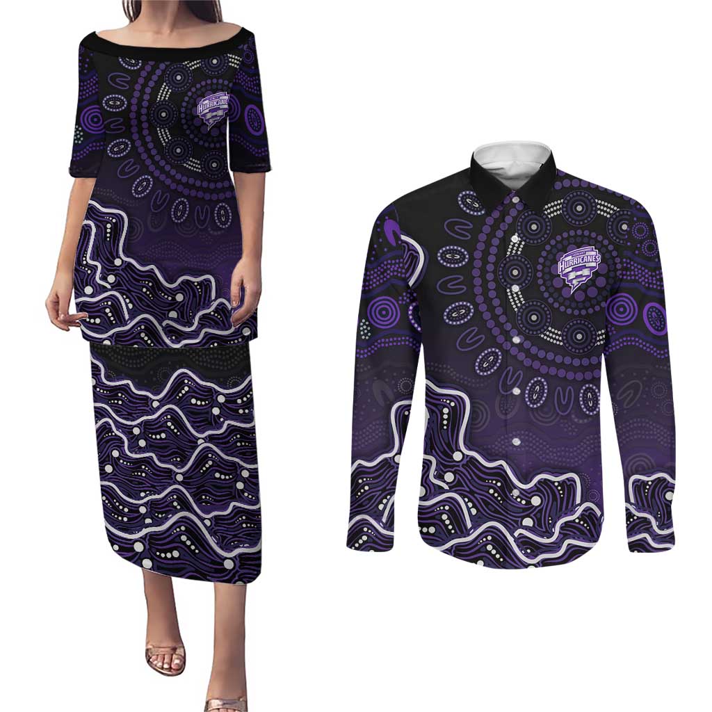 Hobart Hurricanes Cricket Mascot Couples Matching Puletasi and Long Sleeve Button Shirt Aboriginal Dot Art Purple And Black Tribal Pattern
