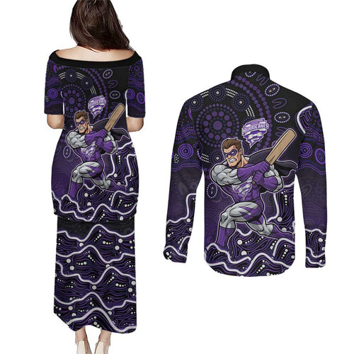 Hobart Hurricanes Cricket Mascot Couples Matching Puletasi and Long Sleeve Button Shirt Aboriginal Dot Art Purple And Black Tribal Pattern