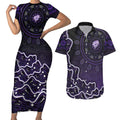 Hobart Hurricanes Cricket Mascot Couples Matching Short Sleeve Bodycon Dress and Hawaiian Shirt Aboriginal Dot Art Purple And Black Tribal Pattern
