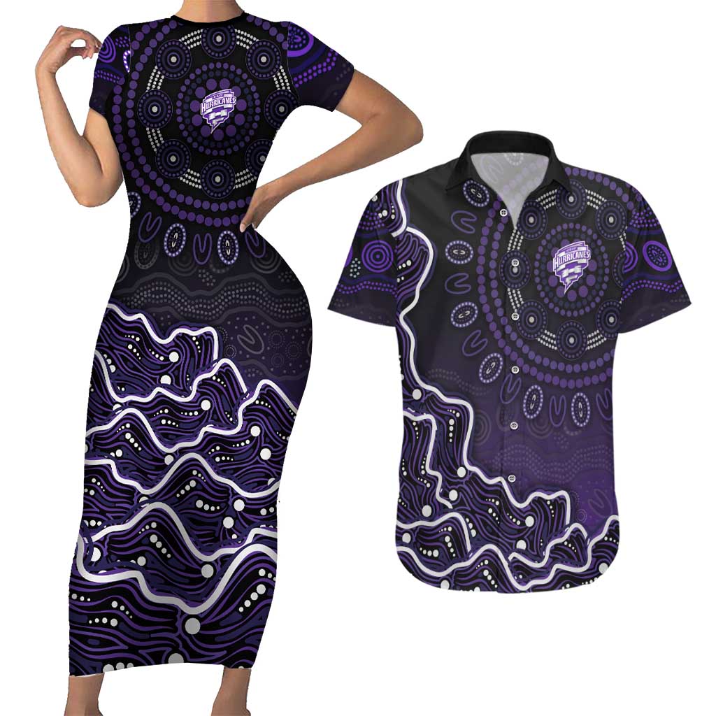Hobart Hurricanes Cricket Mascot Couples Matching Short Sleeve Bodycon Dress and Hawaiian Shirt Aboriginal Dot Art Purple And Black Tribal Pattern