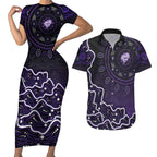 Hobart Hurricanes Cricket Mascot Couples Matching Short Sleeve Bodycon Dress and Hawaiian Shirt Aboriginal Dot Art Purple And Black Tribal Pattern
