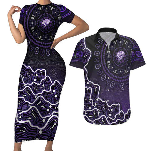 Hobart Hurricanes Cricket Mascot Couples Matching Short Sleeve Bodycon Dress and Hawaiian Shirt Aboriginal Dot Art Purple And Black Tribal Pattern