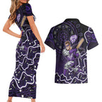 Hobart Hurricanes Cricket Mascot Couples Matching Short Sleeve Bodycon Dress and Hawaiian Shirt Aboriginal Dot Art Purple And Black Tribal Pattern