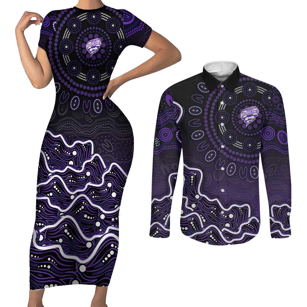 Hobart Hurricanes Cricket Mascot Couples Matching Short Sleeve Bodycon Dress and Long Sleeve Button Shirt Aboriginal Dot Art Purple And Black Tribal Pattern
