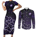 Hobart Hurricanes Cricket Mascot Couples Matching Short Sleeve Bodycon Dress and Long Sleeve Button Shirt Aboriginal Dot Art Purple And Black Tribal Pattern