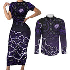 Hobart Hurricanes Cricket Mascot Couples Matching Short Sleeve Bodycon Dress and Long Sleeve Button Shirt Aboriginal Dot Art Purple And Black Tribal Pattern