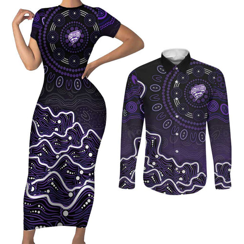 Hobart Hurricanes Cricket Mascot Couples Matching Short Sleeve Bodycon Dress and Long Sleeve Button Shirt Aboriginal Dot Art Purple And Black Tribal Pattern