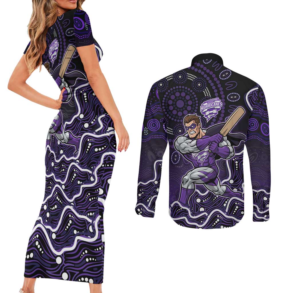 Hobart Hurricanes Cricket Mascot Couples Matching Short Sleeve Bodycon Dress and Long Sleeve Button Shirt Aboriginal Dot Art Purple And Black Tribal Pattern