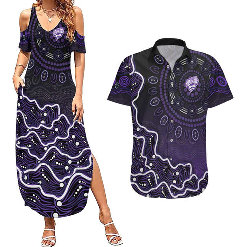 Hobart Hurricanes Cricket Mascot Couples Matching Summer Maxi Dress and Hawaiian Shirt Aboriginal Dot Art Purple And Black Tribal Pattern