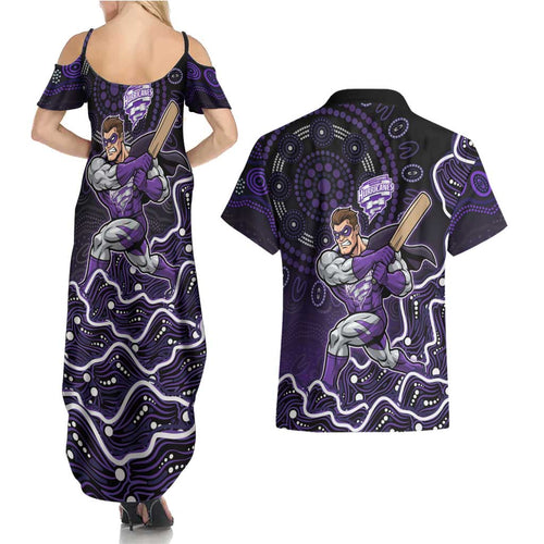 Hobart Hurricanes Cricket Mascot Couples Matching Summer Maxi Dress and Hawaiian Shirt Aboriginal Dot Art Purple And Black Tribal Pattern