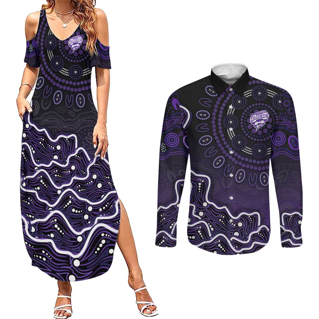 Hobart Hurricanes Cricket Mascot Couples Matching Summer Maxi Dress and Long Sleeve Button Shirt Aboriginal Dot Art Purple And Black Tribal Pattern