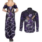 Hobart Hurricanes Cricket Mascot Couples Matching Summer Maxi Dress and Long Sleeve Button Shirt Aboriginal Dot Art Purple And Black Tribal Pattern