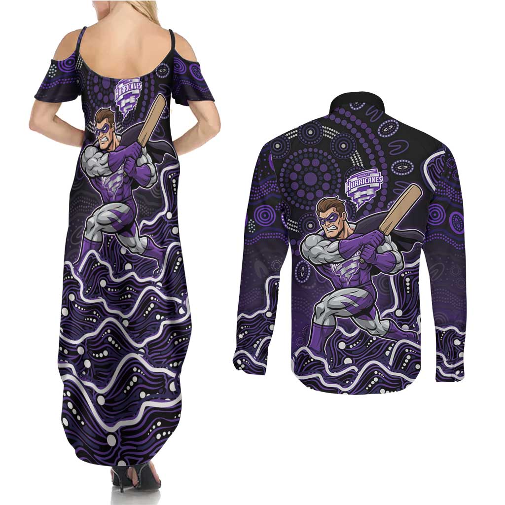 Hobart Hurricanes Cricket Mascot Couples Matching Summer Maxi Dress and Long Sleeve Button Shirt Aboriginal Dot Art Purple And Black Tribal Pattern