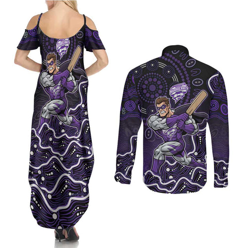 Hobart Hurricanes Cricket Mascot Couples Matching Summer Maxi Dress and Long Sleeve Button Shirt Aboriginal Dot Art Purple And Black Tribal Pattern
