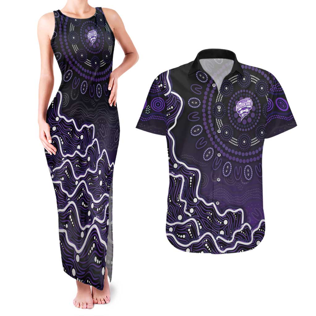 Hobart Hurricanes Cricket Mascot Couples Matching Tank Maxi Dress and Hawaiian Shirt Aboriginal Dot Art Purple And Black Tribal Pattern