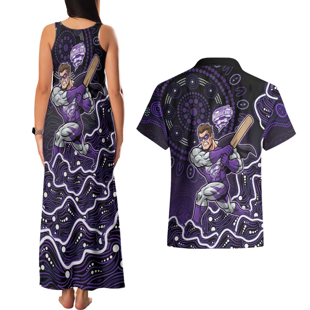 Hobart Hurricanes Cricket Mascot Couples Matching Tank Maxi Dress and Hawaiian Shirt Aboriginal Dot Art Purple And Black Tribal Pattern