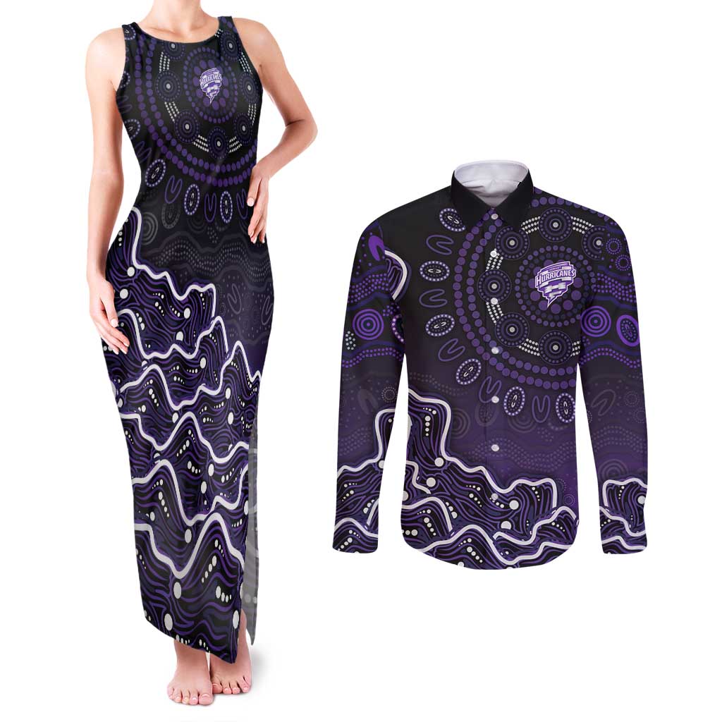 Hobart Hurricanes Cricket Mascot Couples Matching Tank Maxi Dress and Long Sleeve Button Shirt Aboriginal Dot Art Purple And Black Tribal Pattern