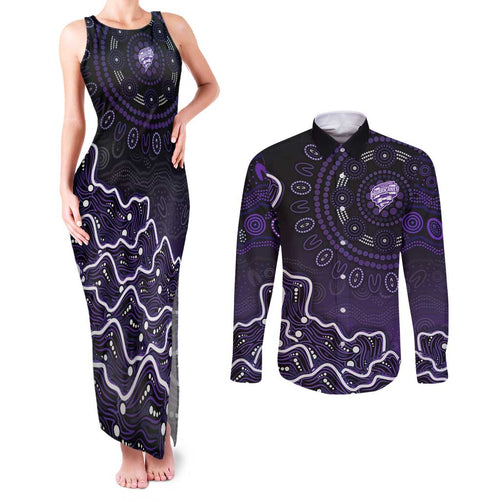 Hobart Hurricanes Cricket Mascot Couples Matching Tank Maxi Dress and Long Sleeve Button Shirt Aboriginal Dot Art Purple And Black Tribal Pattern