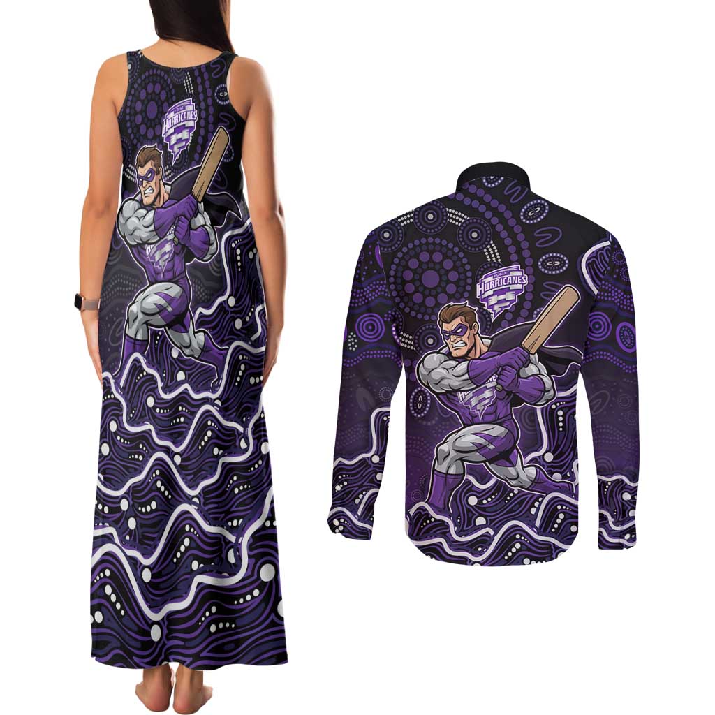 Hobart Hurricanes Cricket Mascot Couples Matching Tank Maxi Dress and Long Sleeve Button Shirt Aboriginal Dot Art Purple And Black Tribal Pattern