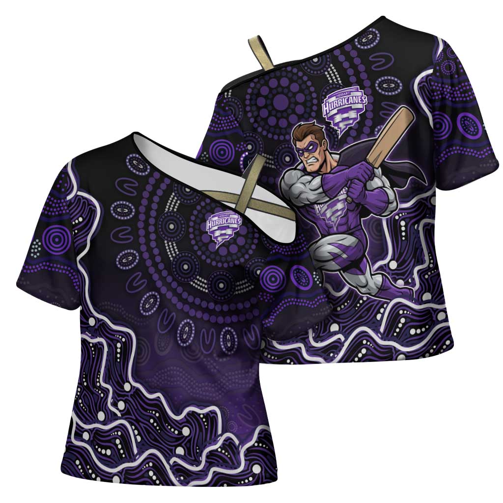 Hobart Hurricanes Cricket Mascot Cross Shoulder Shirt Aboriginal Dot Art Purple And Black Tribal Pattern
