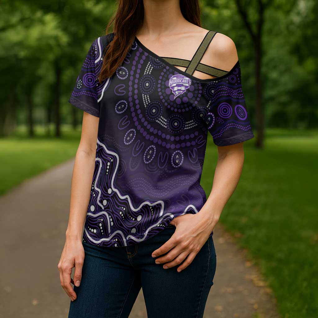 Hobart Hurricanes Cricket Mascot Cross Shoulder Shirt Aboriginal Dot Art Purple And Black Tribal Pattern