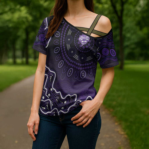 Hobart Hurricanes Cricket Mascot Cross Shoulder Shirt Aboriginal Dot Art Purple And Black Tribal Pattern