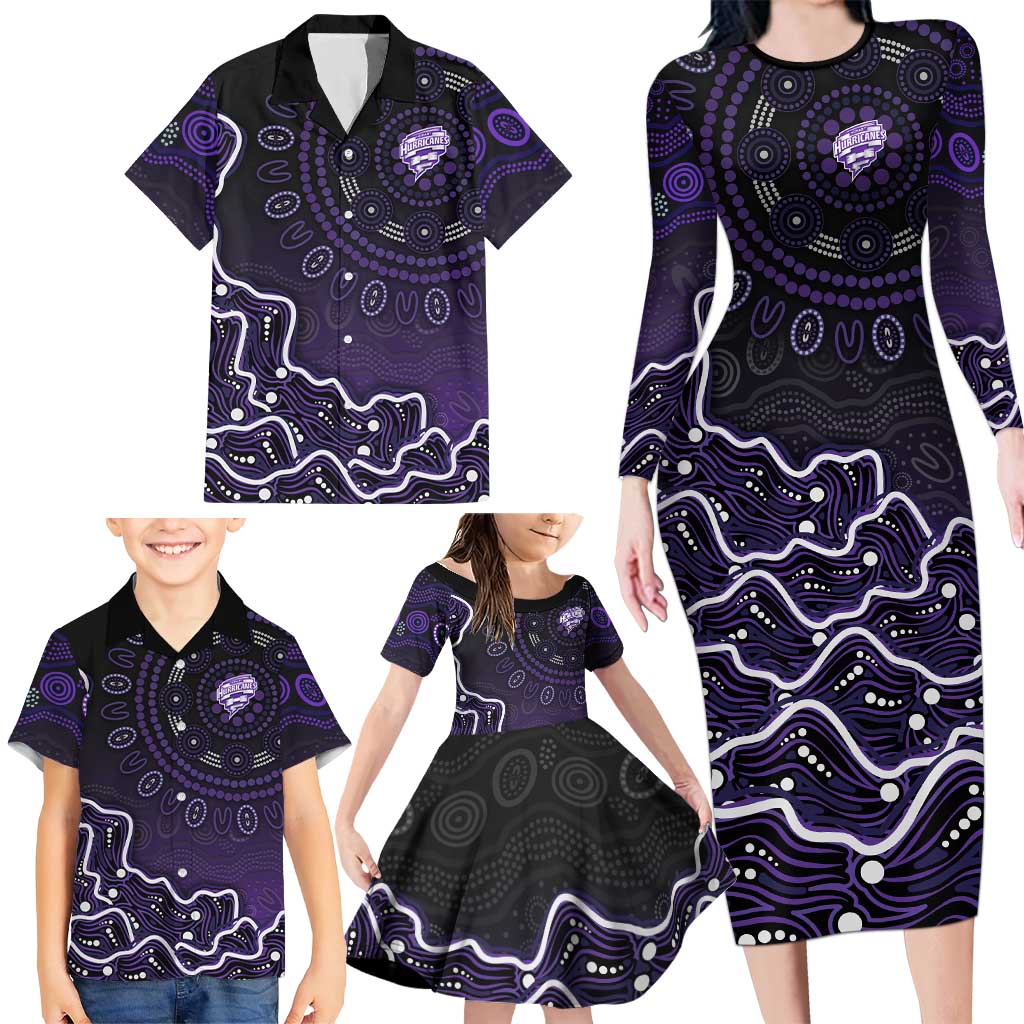 Hobart Hurricanes Cricket Mascot Family Matching Long Sleeve Bodycon Dress and Hawaiian Shirt Aboriginal Dot Art Purple And Black Tribal Pattern