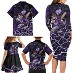 Hobart Hurricanes Cricket Mascot Family Matching Long Sleeve Bodycon Dress and Hawaiian Shirt Aboriginal Dot Art Purple And Black Tribal Pattern
