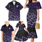 Hobart Hurricanes Cricket Mascot Family Matching Mermaid Dress and Hawaiian Shirt Aboriginal Dot Art Purple And Black Tribal Pattern