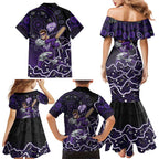 Hobart Hurricanes Cricket Mascot Family Matching Mermaid Dress and Hawaiian Shirt Aboriginal Dot Art Purple And Black Tribal Pattern