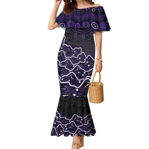 Hobart Hurricanes Cricket Mascot Family Matching Mermaid Dress and Hawaiian Shirt Aboriginal Dot Art Purple And Black Tribal Pattern