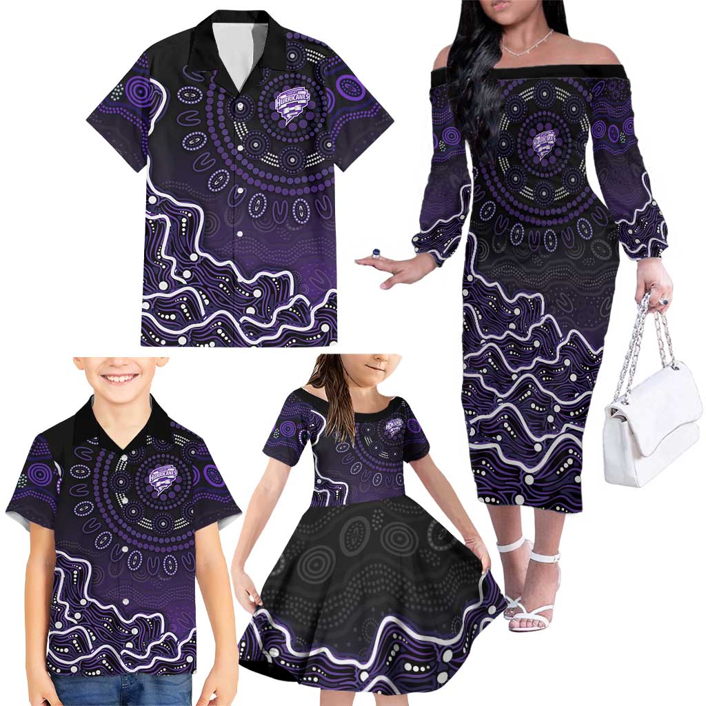 Hobart Hurricanes Cricket Mascot Family Matching Off The Shoulder Long Sleeve Dress and Hawaiian Shirt Aboriginal Dot Art Purple And Black Tribal Pattern