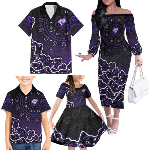 Hobart Hurricanes Cricket Mascot Family Matching Off The Shoulder Long Sleeve Dress and Hawaiian Shirt Aboriginal Dot Art Purple And Black Tribal Pattern