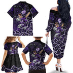 Hobart Hurricanes Cricket Mascot Family Matching Off The Shoulder Long Sleeve Dress and Hawaiian Shirt Aboriginal Dot Art Purple And Black Tribal Pattern