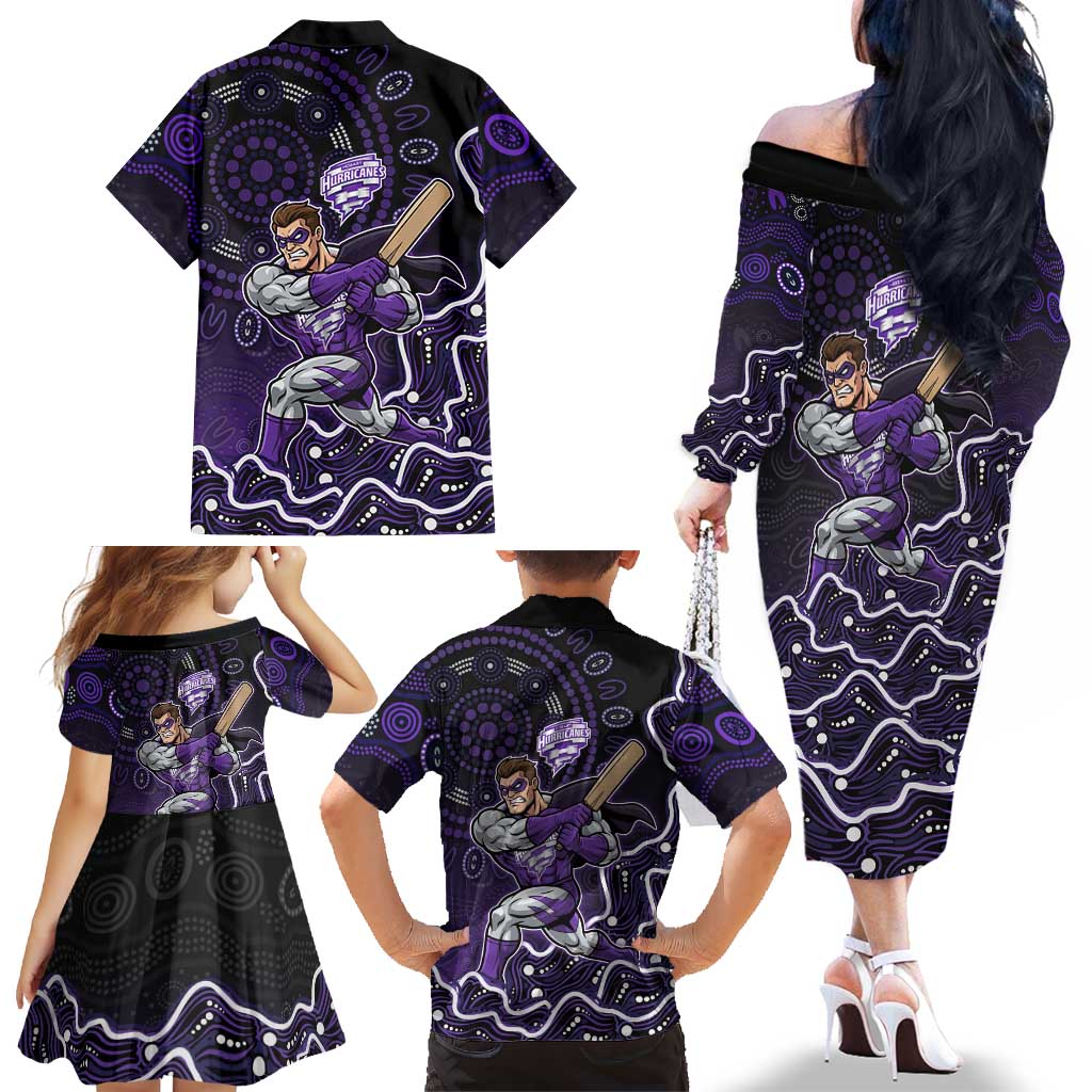 Hobart Hurricanes Cricket Mascot Family Matching Off The Shoulder Long Sleeve Dress and Hawaiian Shirt Aboriginal Dot Art Purple And Black Tribal Pattern