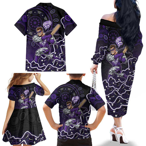 Hobart Hurricanes Cricket Mascot Family Matching Off The Shoulder Long Sleeve Dress and Hawaiian Shirt Aboriginal Dot Art Purple And Black Tribal Pattern