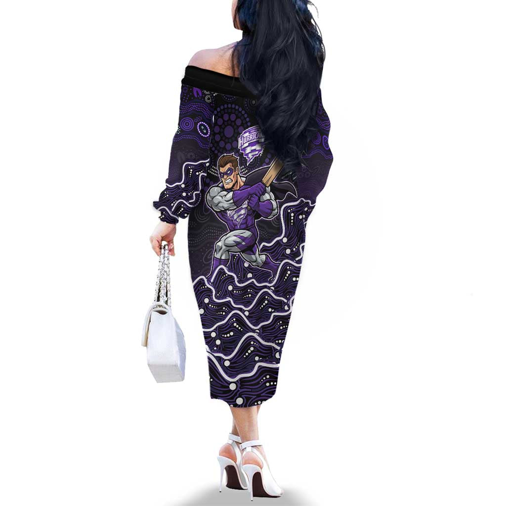 Hobart Hurricanes Cricket Mascot Family Matching Off The Shoulder Long Sleeve Dress and Hawaiian Shirt Aboriginal Dot Art Purple And Black Tribal Pattern