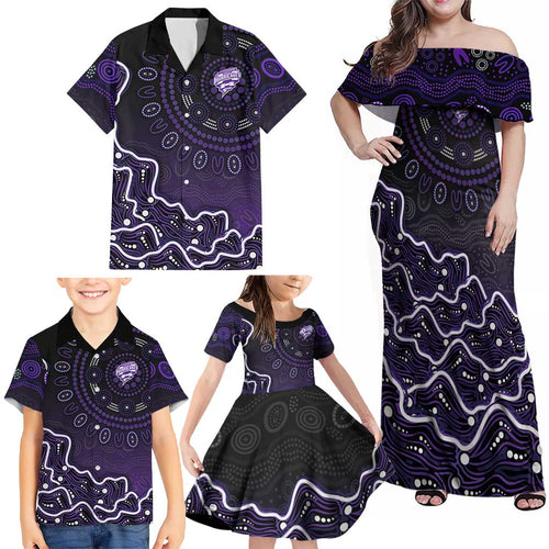 Hobart Hurricanes Cricket Mascot Family Matching Off Shoulder Maxi Dress and Hawaiian Shirt Aboriginal Dot Art Purple And Black Tribal Pattern