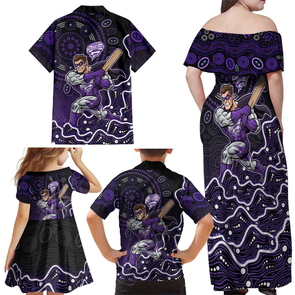 Hobart Hurricanes Cricket Mascot Family Matching Off Shoulder Maxi Dress and Hawaiian Shirt Aboriginal Dot Art Purple And Black Tribal Pattern
